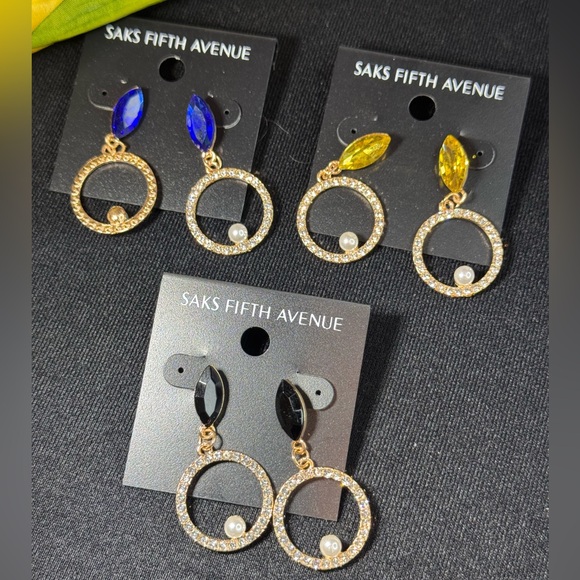 Saks Fifth Ave Yellow Marquis Crystal Post Drop Pave Crystal Circle w/Faux Pearl - Picture 7 of 8